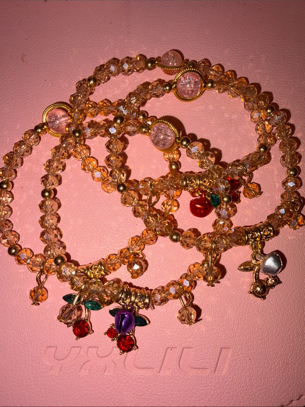 Pink Champagne Crystal Beaded Bracelet with Cherry and Bell Charms
